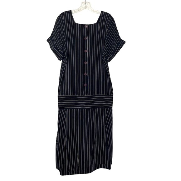 Vtg 80's Nancy Johnson Navy & Cream Striped 100% Silk Midi Dress W/ Button Back - Picture 2 of 9